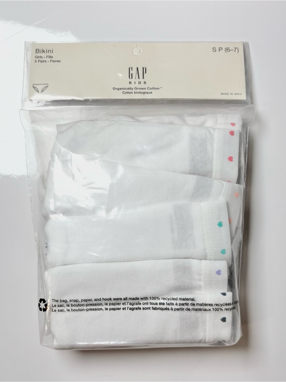 NIP GAP Kids Organically Grown Cotton White Pastel Heart Bikini Underwear 5-Pack